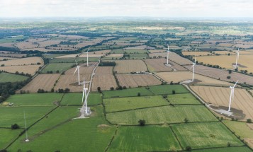 Areal photo of wind turbines in a green landscape.
